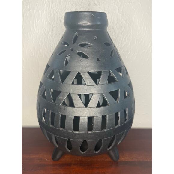 Oaxacan Barro Negro Black Pottery Pierced Planter Tripod Base Handmade Mexico - Picture 3 of 6